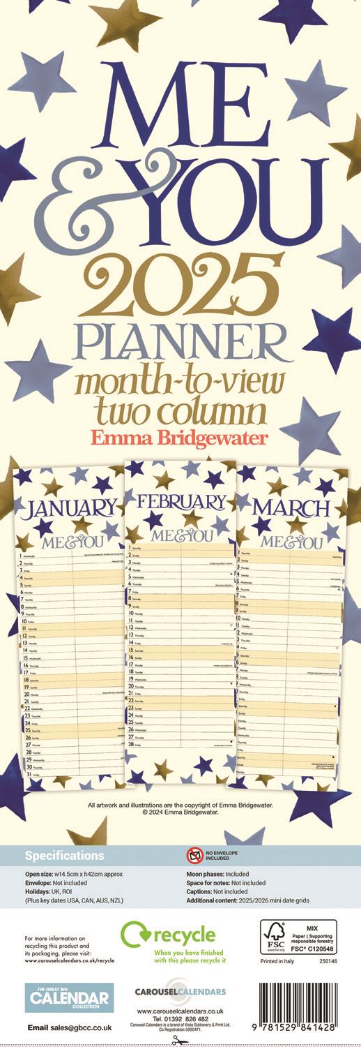 Emma Bridgewater - 2025 Couples Wall Calendar - Month To View/2 Columns - Blue & Gold Stars