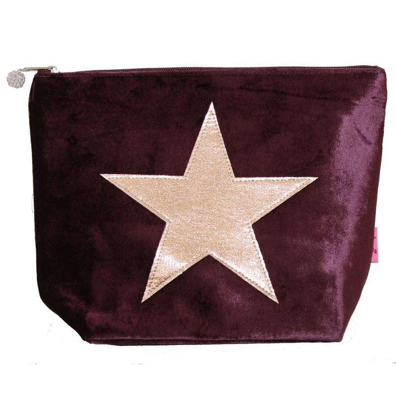 Lua - Large Velvet Cosmetic Make Up Bag/Purse With Appliqued Star 19 x 23cms - Fig