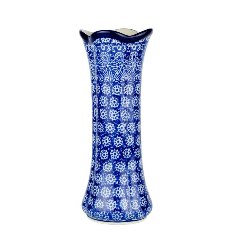 Vase - Fluted/Frilled Top - Blue Cobwebs/Pinwheels - 20cms - 0981-0884X - Polish Pottery