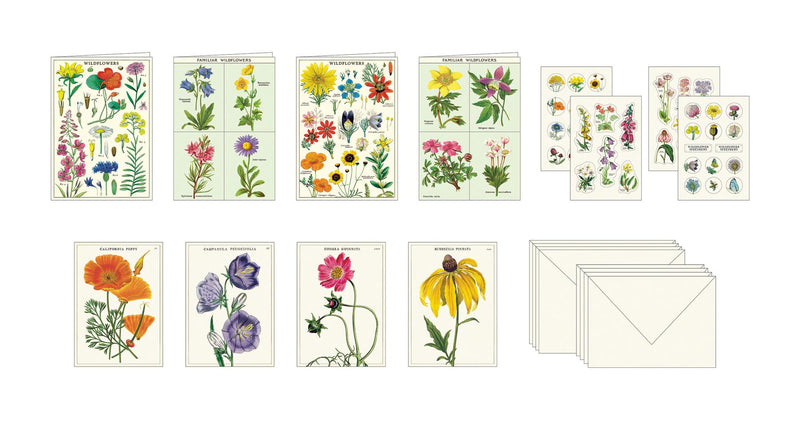 Cavallini - Wildflowers Stationery Set -  8 Flat Cards, 8 Folded Cards, 16 Envelopes & 4 Sticker Sheets