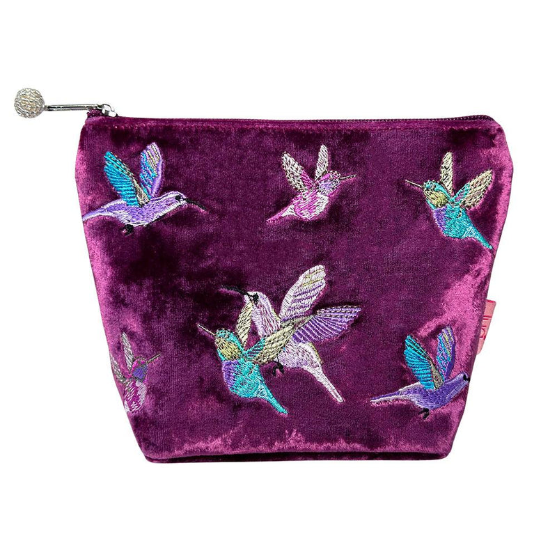 Lua - Velvet Cosmetic Make Up Bag/Purse - Hummingbirds - 18 x 14cms - Plum/Magenta/Purple