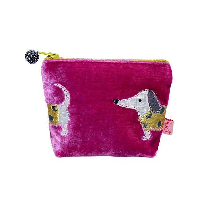 Lua - Velvet Mini Coin Purse  9 x 11cms - Appliqued Sausage Dog - Pink/Yellow Dog D