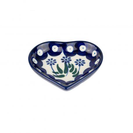 Mini Heart Dish - Daisies & Blue Spots - B64-0377EX - Polish Pottery
