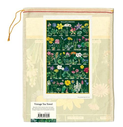 Cavallini - 100% Natural Cotton Vintage Tea Towel - 80 x 47cms - Wildflowers (Dark Green)