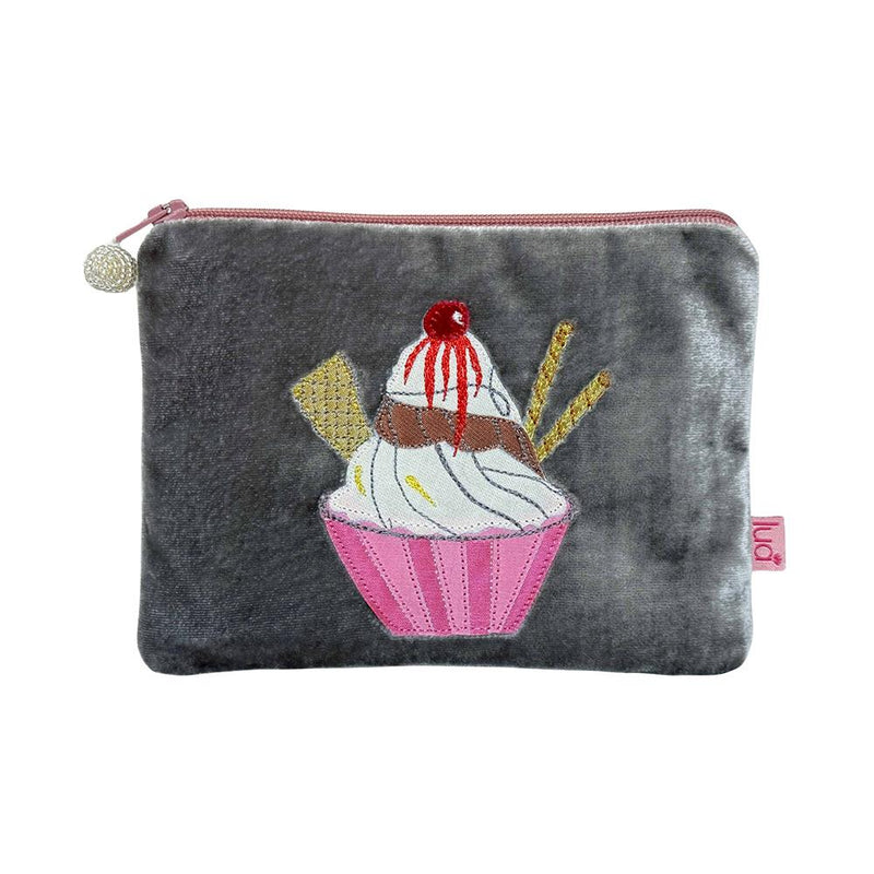 Lua - Velvet Coin Purse - Ice Cream Sundae - 11 x 16cms - Grey/Pink Zip