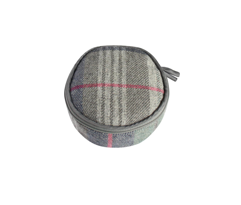 Earth Squared - Round Jewellery Pouch - Tweed Wool - Drem - Grey & Pink - 10x10x5cms