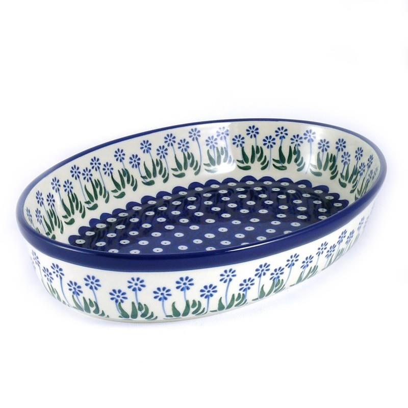 Oval Dish - Daisies & Blue Spots - 31x21.5x6cms - 0297-0377EX - Polish Pottery