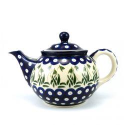 Medium Teapot - Blue Dots With Green Snowdrops - 0.9 Litre - 0264-0070X - Polish Pottery
