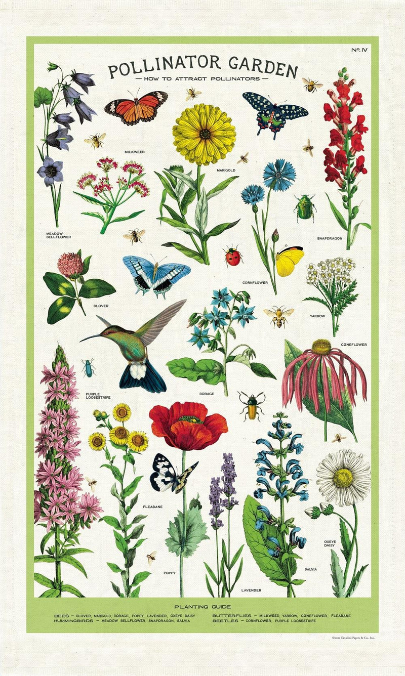 Cavallini - 100% Natural Cotton Vintage Tea Towel - 80 x 47cms - Pollinator Garden