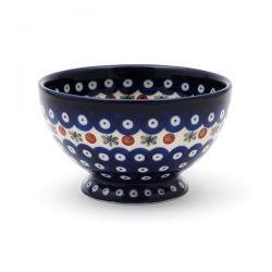 French Bowl - Flower Tendril/Blue With Red & White Spots - 0206-0070X - 14 x 8.5cms - Polish Pottery