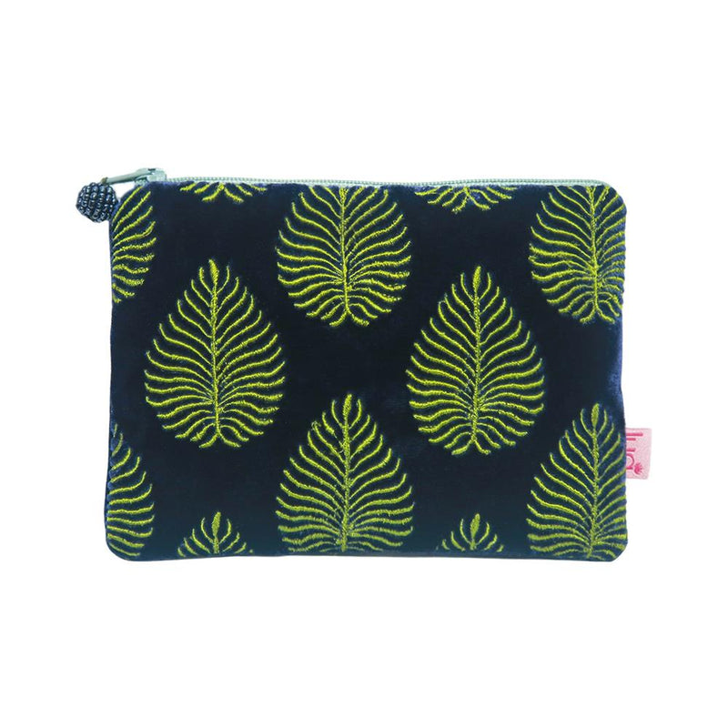 Lua - Velvet Coin Purse - Embroidered Leaf - 11 x 16cms - Navy Blue/Green Leaves