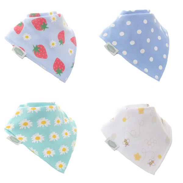 Daisy Bibs - Strawberry/Bees/Polka Dots - Absorbant Bandana Dribble Bibs - Pack of 4 - Suitable From Birth - Ziggle