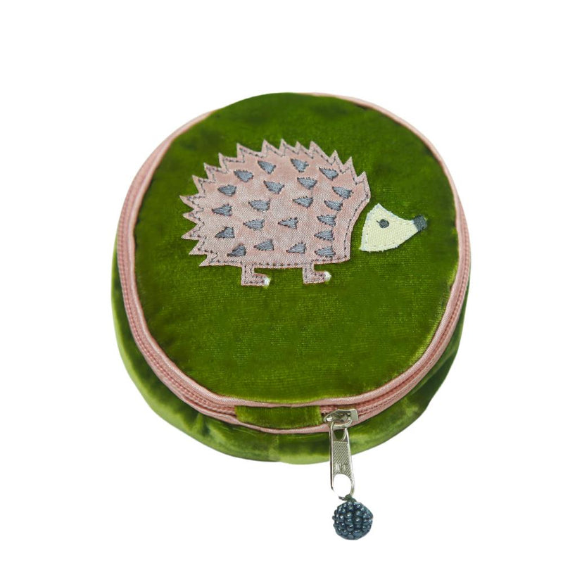 Lua - Round Velvet Jewellery Pouch - Hedgehog - 11x11x5.5cms - 4 Colour Options