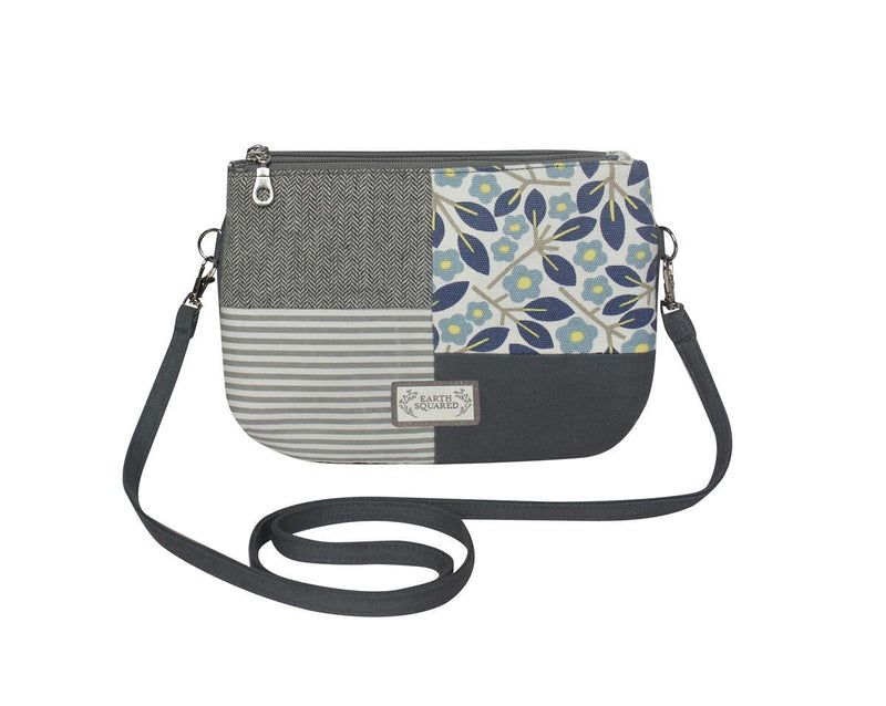 Earth Squared - Messenger 2 Pouch Shoulder Bag - Spring Floral Patchwork - Pale Blue, Grey & Lemon - 23.5x17x5cms