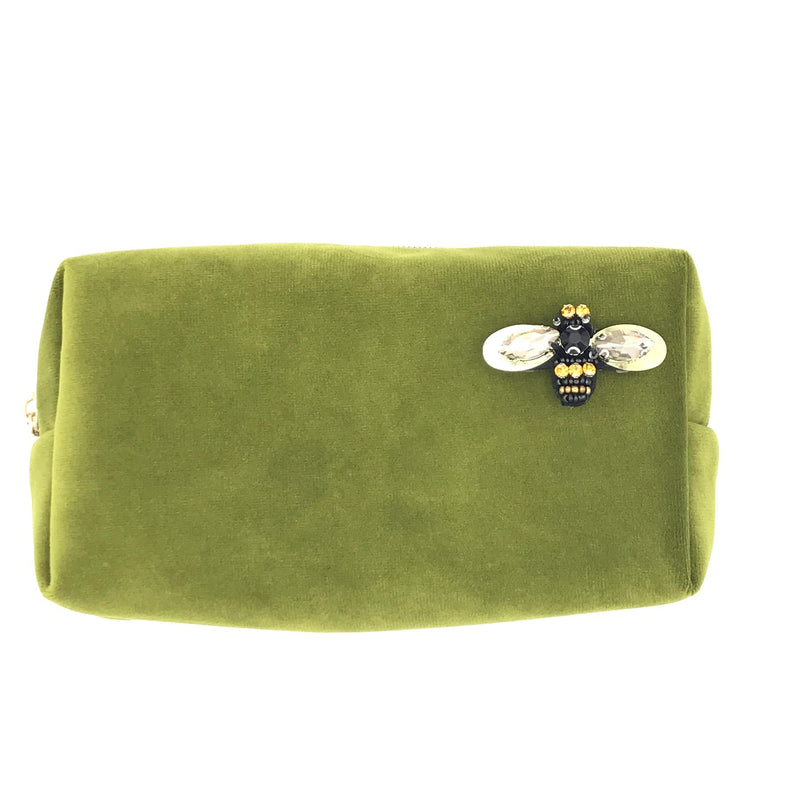 Chartreuse Velvet Make-Up Bag & Bumblebee Pin - Sixton London - Small or Large