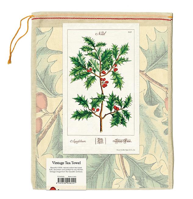 Cavallini - 100% Natural Cotton Vintage Tea Towel - 80 x 47cms - Christmas Holly