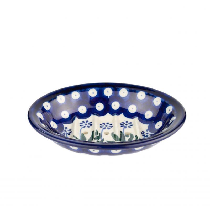 Soap Dish With Holes - Daisies & Blue Spots - 0879-0377EX - Polish Pottery