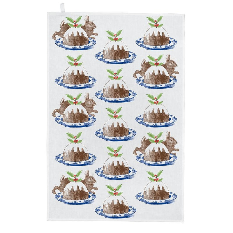 Thornback & Peel - 100% Cotton - Tea Towel - 47 x 77cms - Rabbit & Christmas Pudding