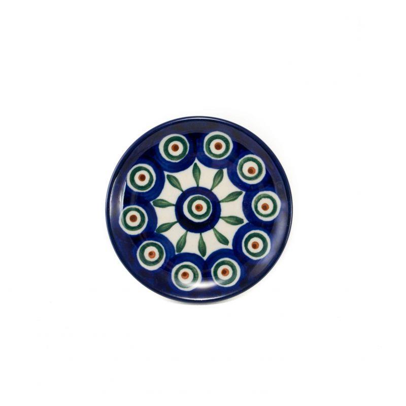 Round Tea Bag/Trinket Dish - Green, Red & White Spots - Peacock - 10cms - 0262-0054X - Polish Pottery