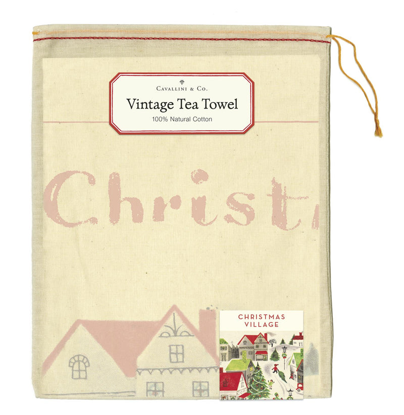 Cavallini - 100% Natural Cotton Vintage Tea Towel - 80 x 47cms - Christmas Village/It&