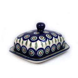 Butter Dish - Green, Red & White Spots - Peacock -  0295-0054X - 9 x 17 x 13cms - Polish Pottery