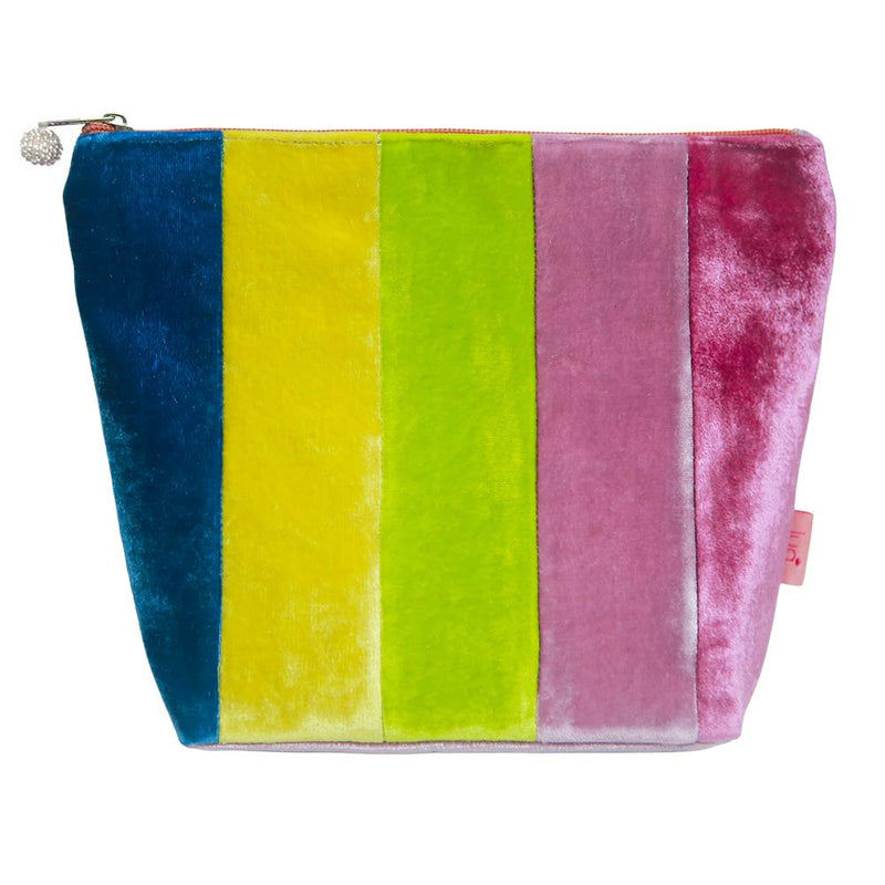 Lua - Large Velvet Cosmetic Make Up Bag/Purse - Striped Patchwork 19 x 24cms - Rainbow
