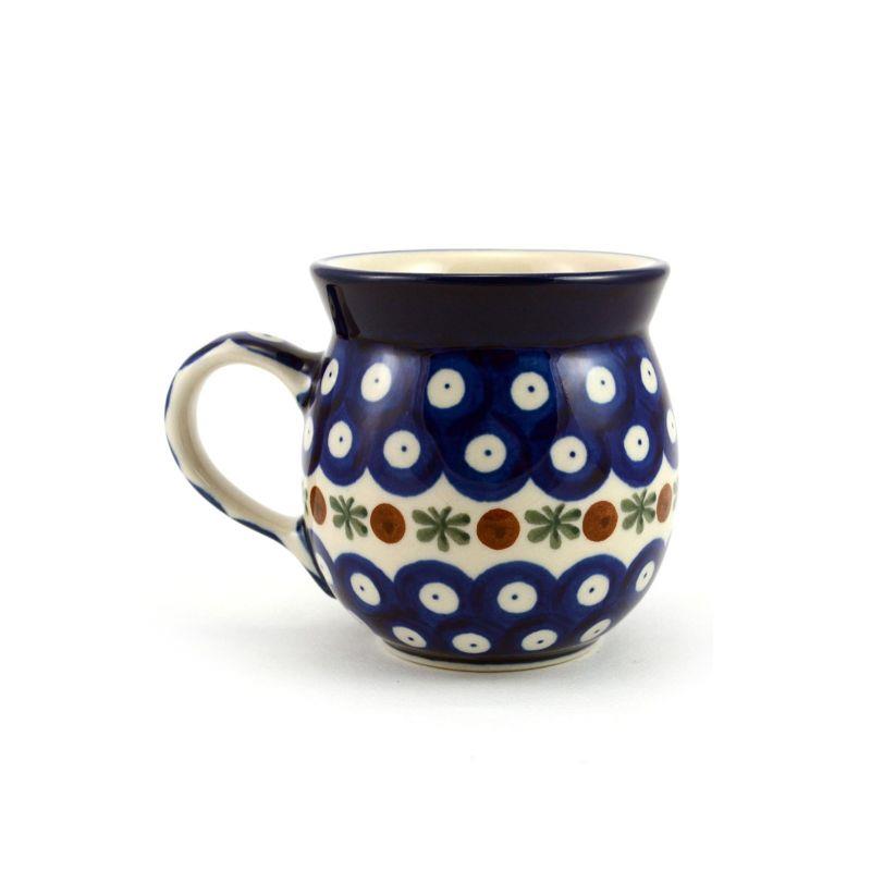 Small Round Mug - Flower Tendril/Blue With Red & White Spots - 240ml - 0005-0070X - Polish Pottery