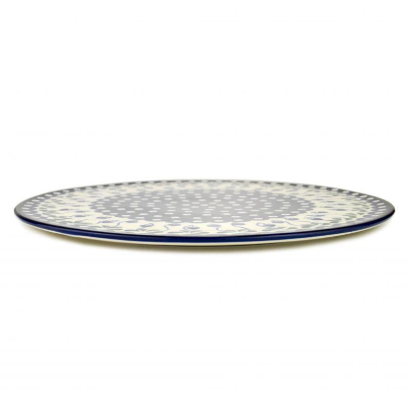 Pizza Platter 33cms - Blue Dots With Flower Buds - D53-0377OX - Polish Pottery