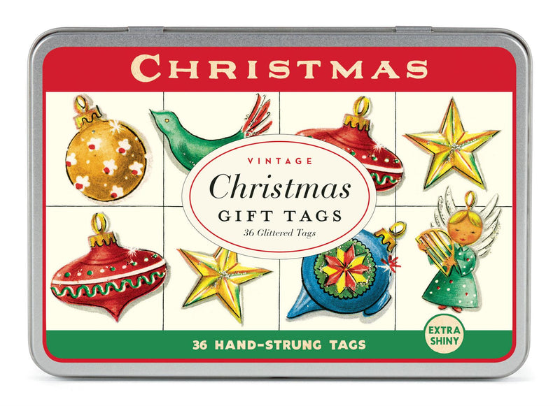 Cavallini - Tin of 36 Glittered Christmas Gift Tags - Vintage Christmas Ornaments