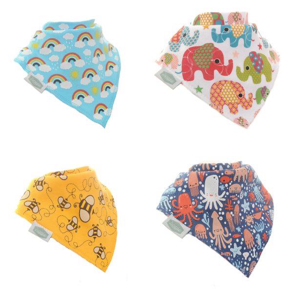 Colour Burst - Rainbow/Elephants/Octopus/Bees - Absorbant Bandana Dribble Bibs - Pack of 4 - Suitable From Birth - Ziggle