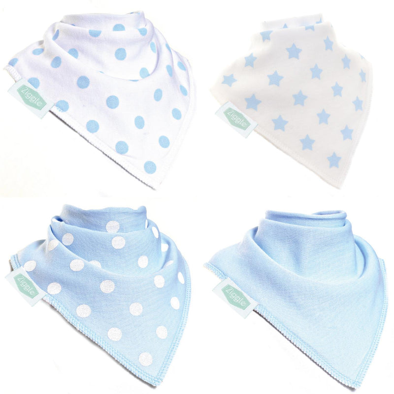 Blue & White - Stars & Spots - Absorbant Bandana Dribble Bibs - Pack of 4 - Suitable From Birth - Ziggle