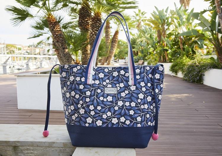 Earth Squared - Slouch Tote Shoulder Bag - Spring Floral - Navy Blue & Pink - 38x25x14cm
