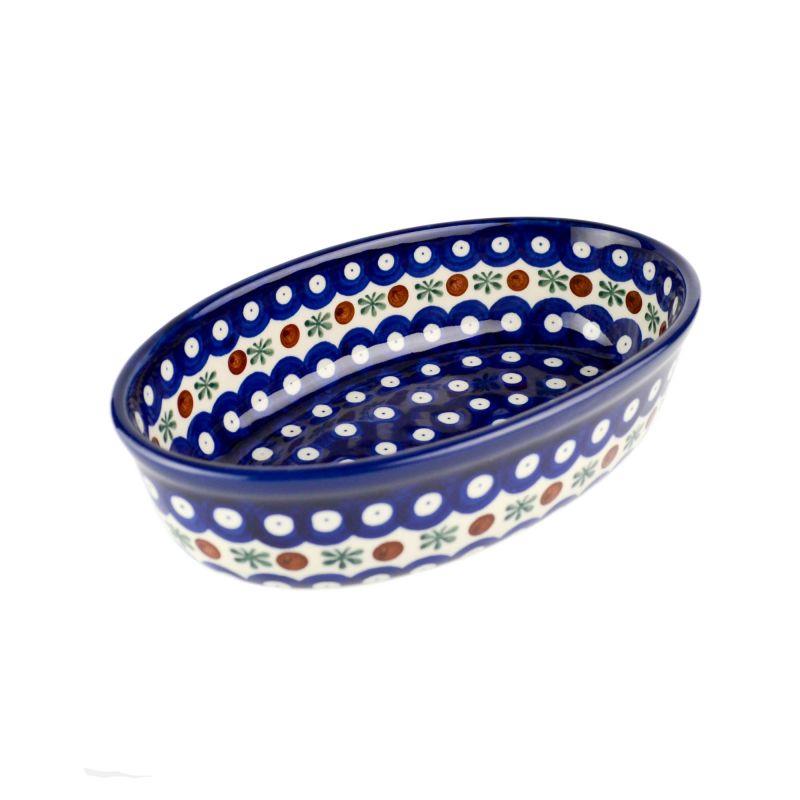 Oval Dish - Flower Tendril/Blue With Red & White Spots - 13x20.5x6cms - 0351-0070X - Polish Pottery