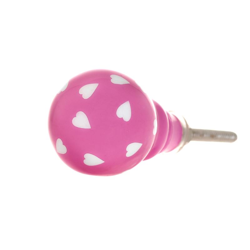 Bombay Duck - Hearts Cupboard/Drawer Door Knob - Pink with White Hearts