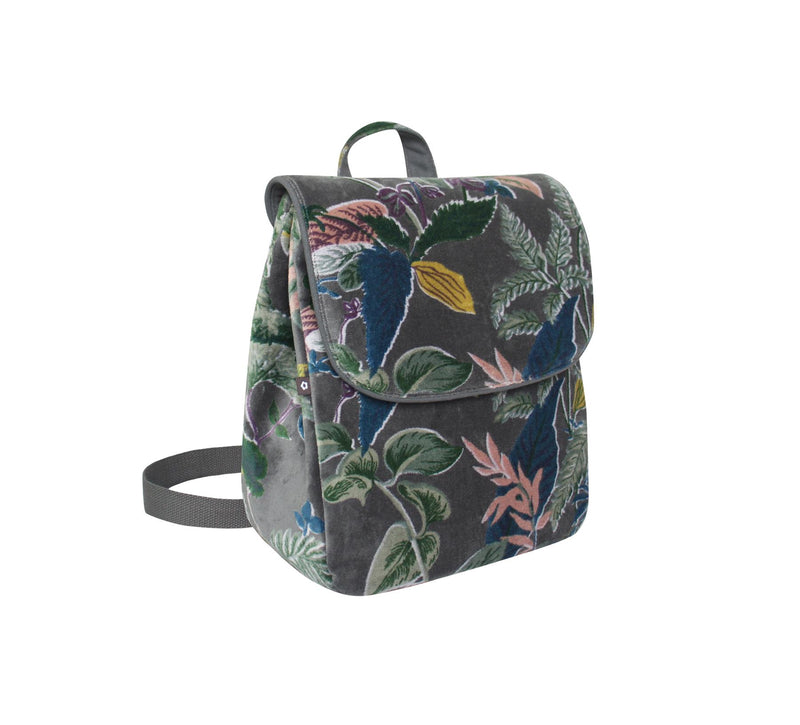 Earth Squared - Printed Botanical Velvet Backpack - Grey - 26 x 32 x 6cm