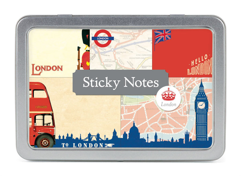 Cavallini - Tin of Sticky Notes/Memos - Vintage London - 5 Note Pads/60 sheets per pad