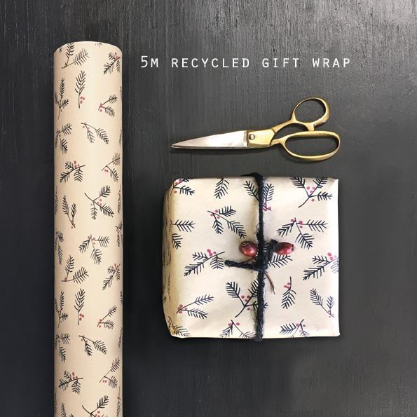 Gift Wrap - 5m Kraft Roll Recycled Wrapping Paper - Cream - Berry Branches - East Of India
