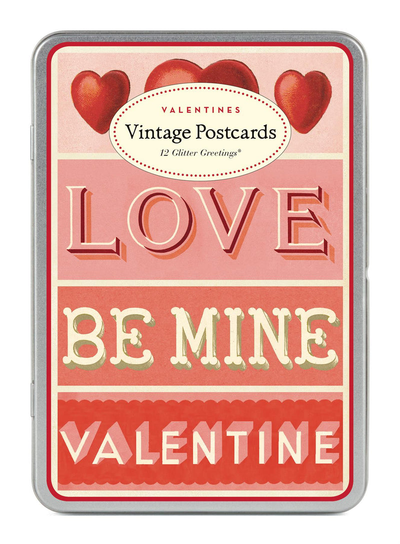 Cavallini - Glitter Greetings Carte Postale - Love/Be Mine/Valentines - Tin of 12 Postcards - 6 Designs/2 Per Design