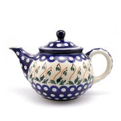 Medium Teapot - Blue Dots With Green Mistletoe - 0.9 Litre - 0264-0377BX - Polish Pottery