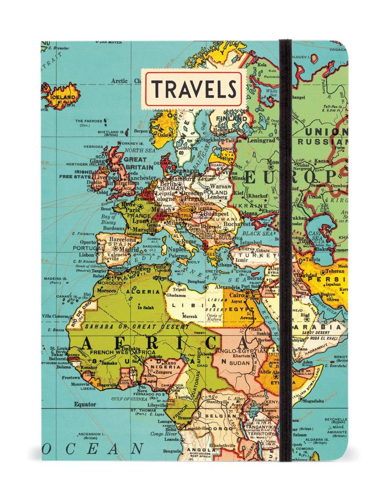 Cavallini - Large Lined Notebook 6x8ins - Vintage World Map - 144 Pages With Elastic Enclosure