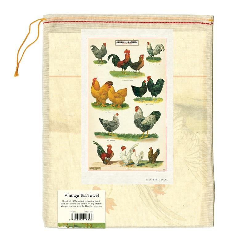 Cavallini - 100% Natural Cotton Vintage Tea Towel - 80 x 47cms - Chickens & Roosters