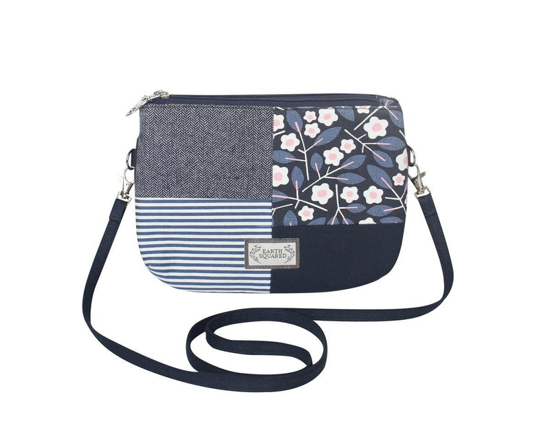 Earth Squared - Messenger 2 Pouch Shoulder Bag - Spring Floral Patchwork - Navy Blue & Pink - 23.5x17x5cms
