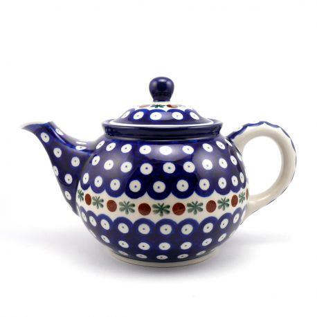 Medium Teapot - Flower Tendril/Blue With Red & White Spots - 0.9 Litre - 0264-0070X - Polish Pottery