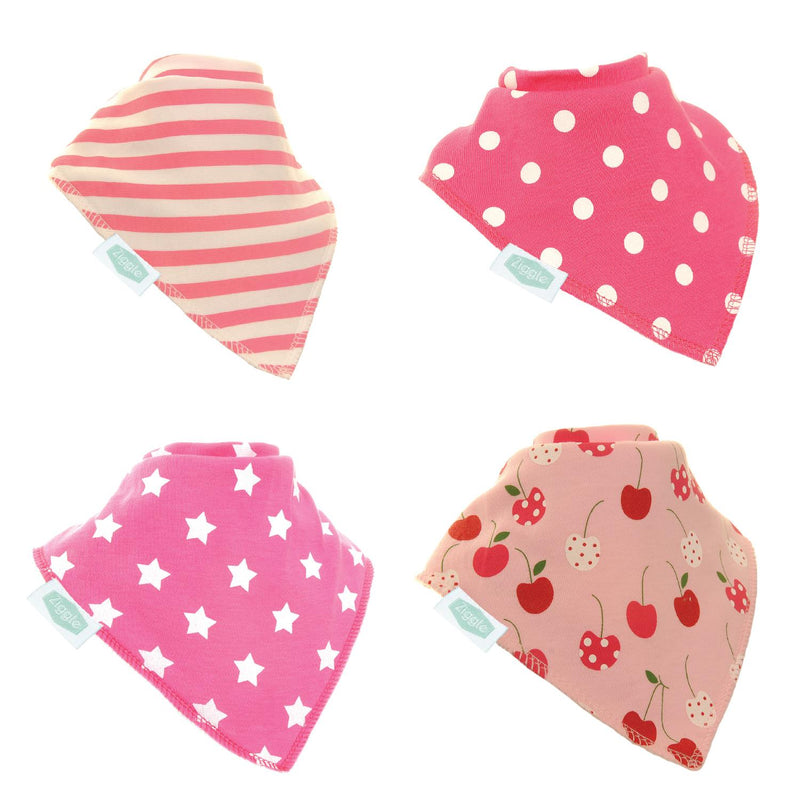 Pretty Pinks - Cherries/Stars/Spot/Stripes - Absorbant Bandana Dribble Bibs - Pack of 4 - Suitable From Birth - Ziggle