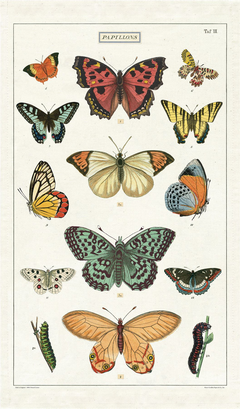 Cavallini - 100% Natural Cotton Vintage Tea Towel - 80 x 47cms - Butterflies/Papillons