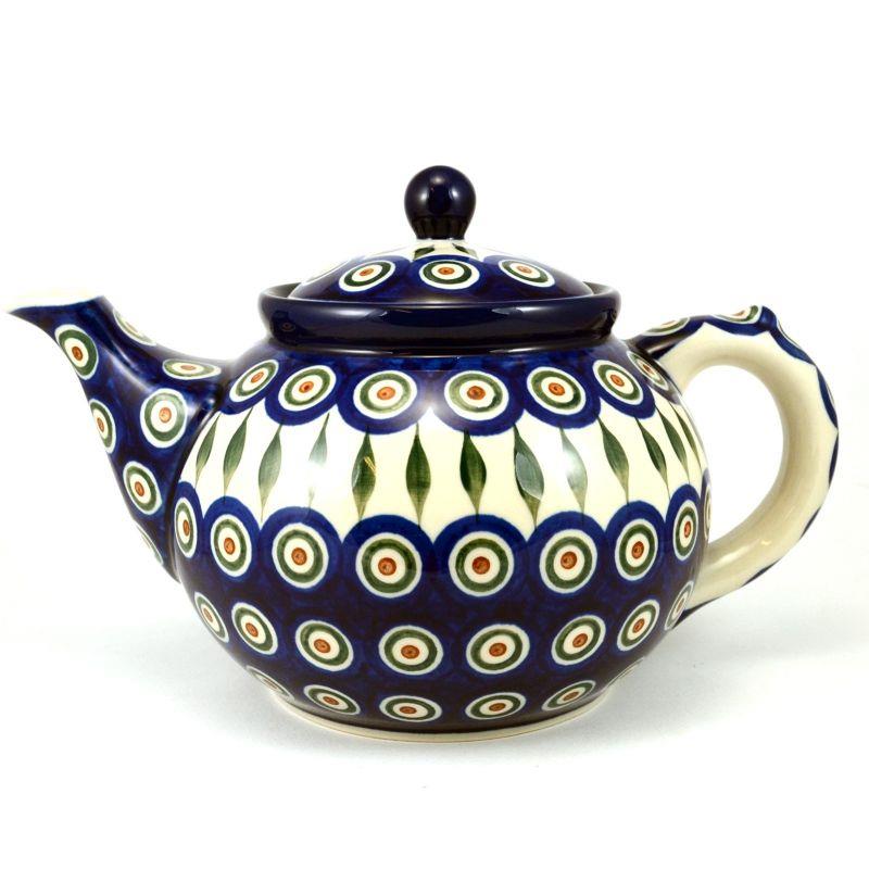 Large Teapot - Green, Red & White Spots - Peacock - 1.2 Litre - 0060-0054X - Polish Pottery