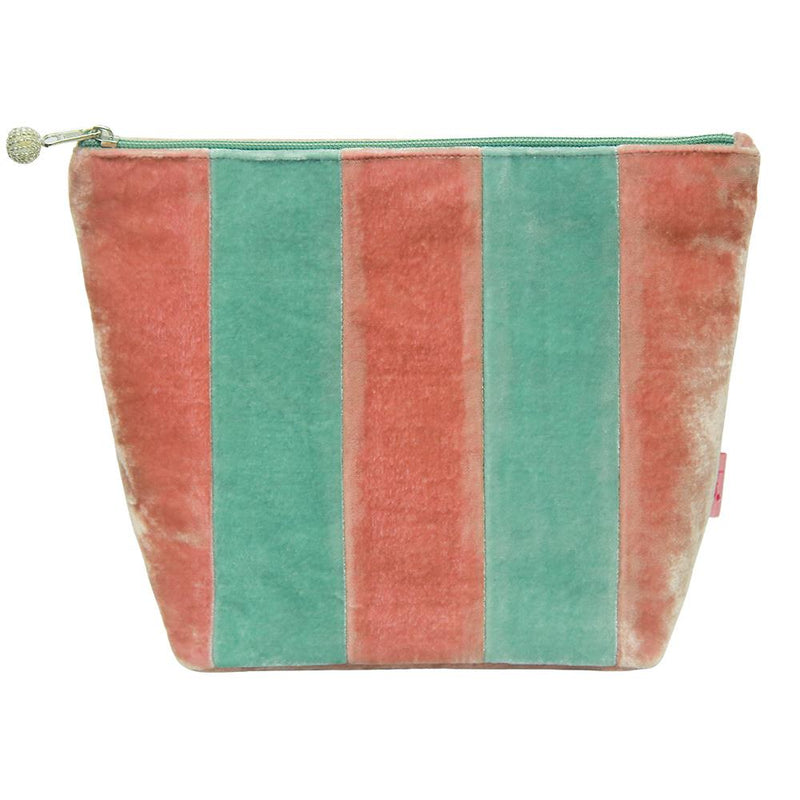 Lua - Large Velvet Cosmetic Make Up Bag/Purse - Striped Patchwork 19 x 24cms - Peach/Mint Green