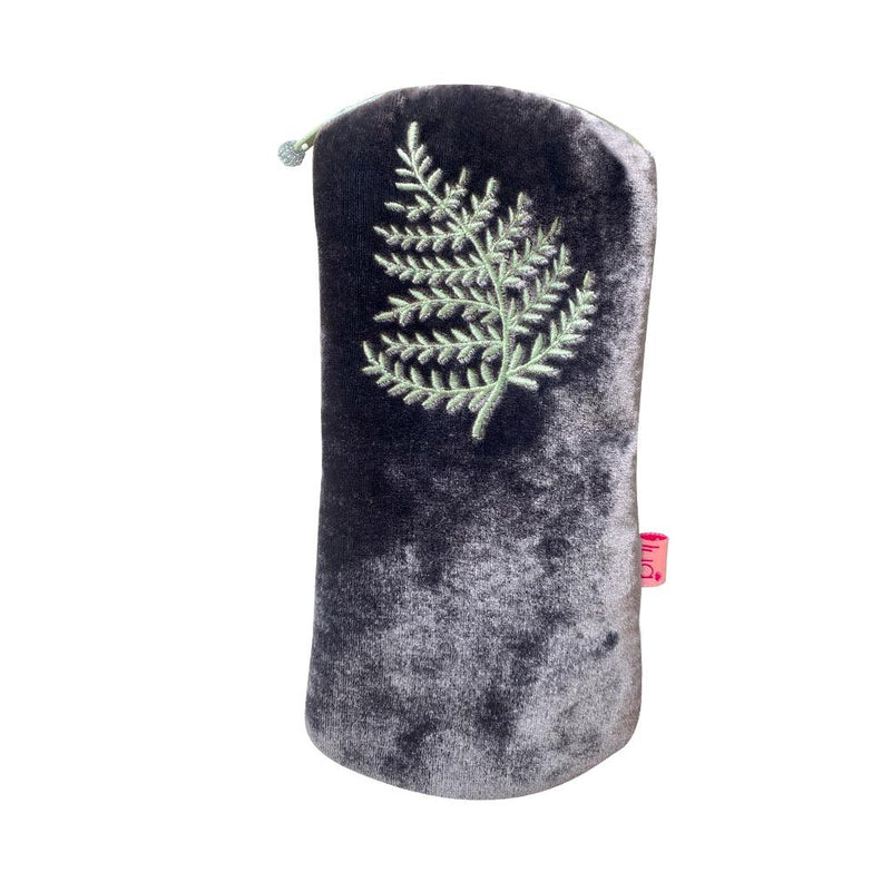 Lua - Velvet Spectacle/Glasses Case With Embroidered Fern  9.5 x 19cms - Dark Grey