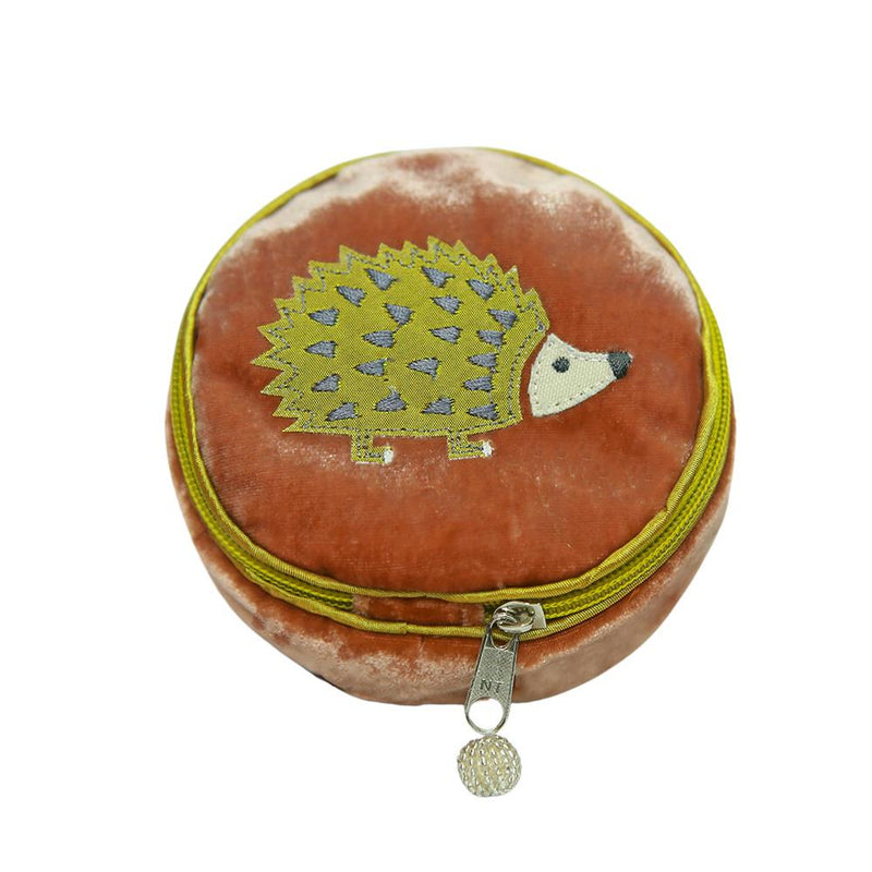 Lua - Round Velvet Jewellery Pouch - Hedgehog - 11x11x5.5cms - 4 Colour Options