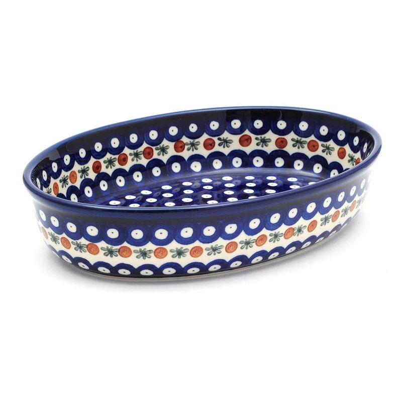 Oval Dish - Flower Tendril/Blue With Red & White Spots - 27x19.5x6cms - 0298-0070X - Polish Pottery